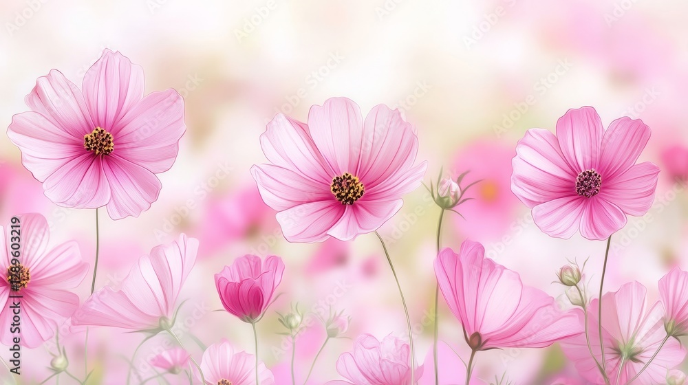 Beautiful wallpaper design with pink watercolor flowers. The line art and flower garden create an elegant look. Suitable for fabrics, prints, and covers.