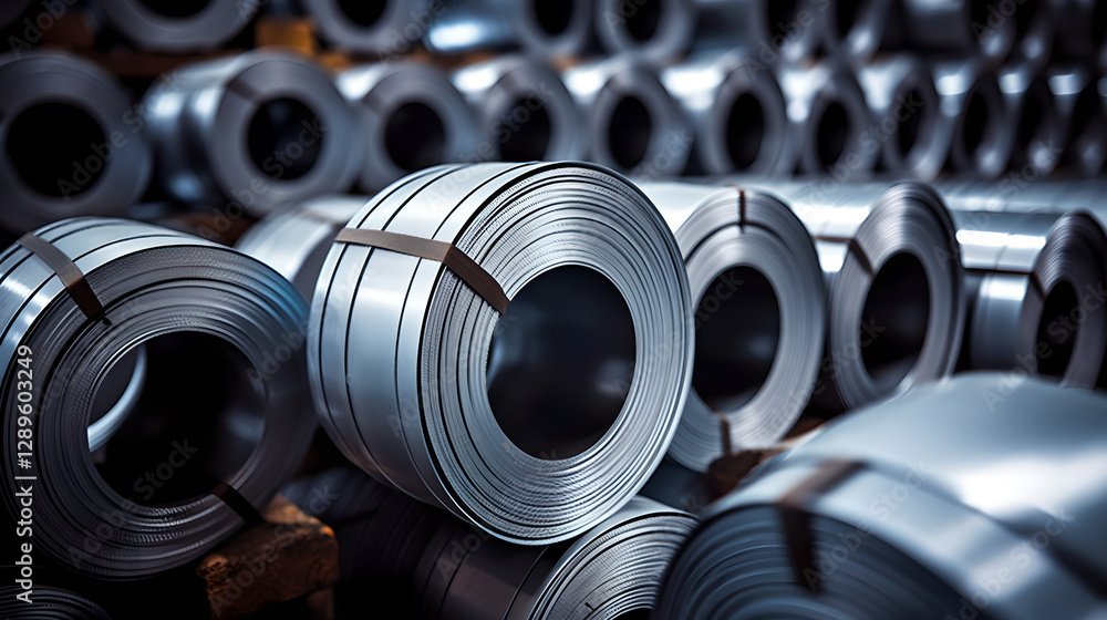 Rolls of steel sheet in a warehouse, rolls of galvanized steel sheet in the warehouse of metal products Rolls of steel sheet in a warehouse, rolls of galvanized steel sheet in the warehouse of metal products