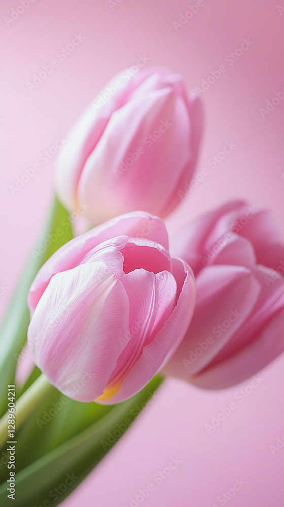 Fototapeta premium Close-up of pink tulips arranged gently against a soft pink background, symbolizing love, spring, and femininity, perfect for romantic or celebratory themes.