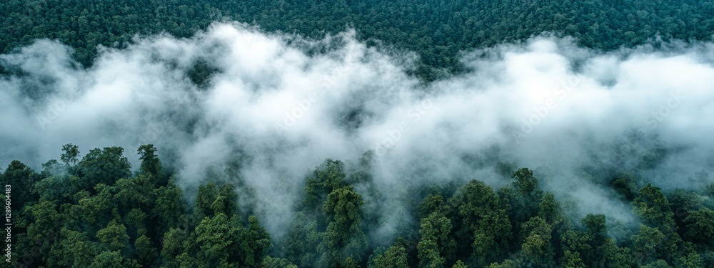 Obraz premium Aerial panoramic view of tropical mountains covered in lush greenery with mist and fog in the distance, under a vast blue sky with scattered white clouds, creating a serene and breathtaking landscape.
