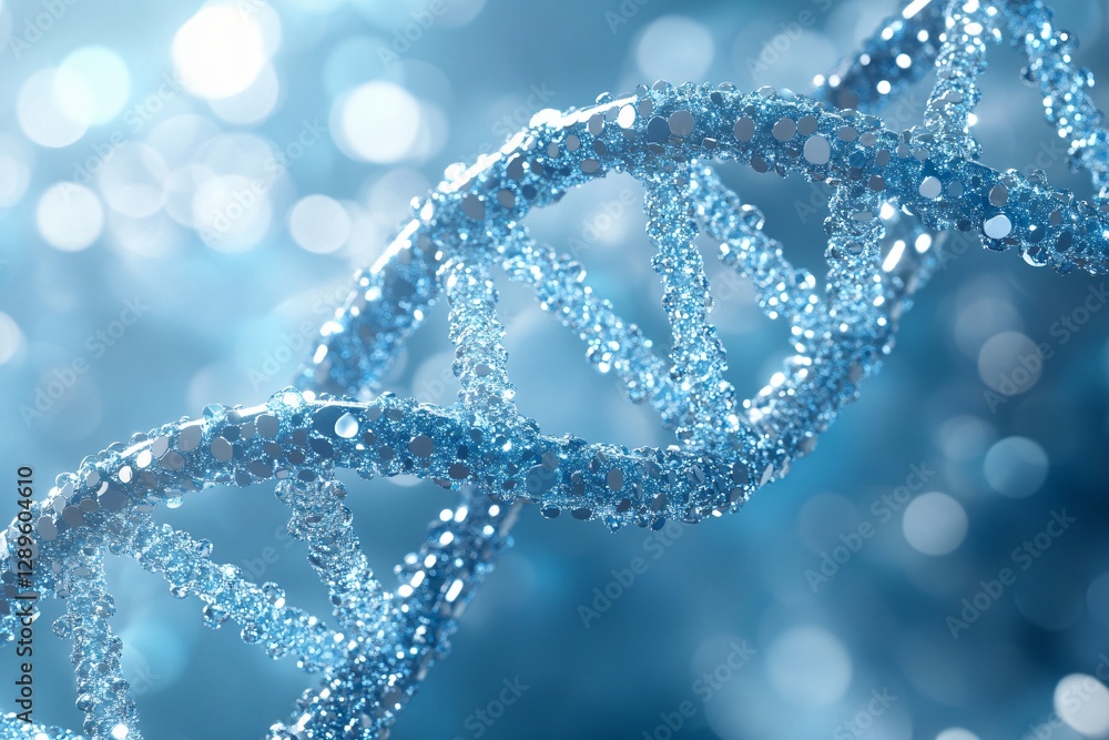 Double helix dna molecule structure on blue background with bokeh effect. Medical science and biotechnology research. Genetic engineering and genome study concept Double helix dna molecule structure on blue background with bokeh effect. Medical science and biotechnology research. Genetic engineering and genome study concept
