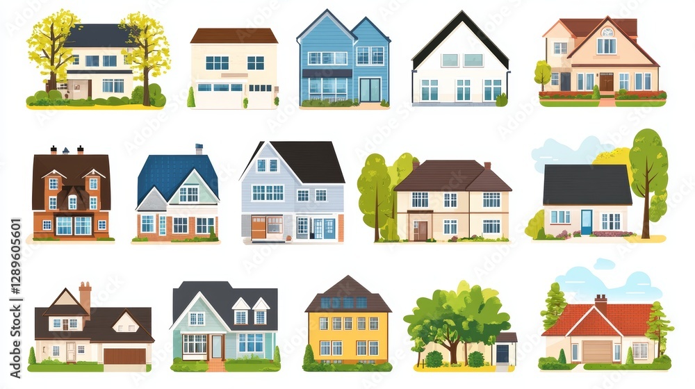 Collection of different houses with roofs and trees in a flat design. Traditional and modern American houses on a white background. Collection of different houses with roofs and trees in a flat design. Traditional and modern American houses on a white background.