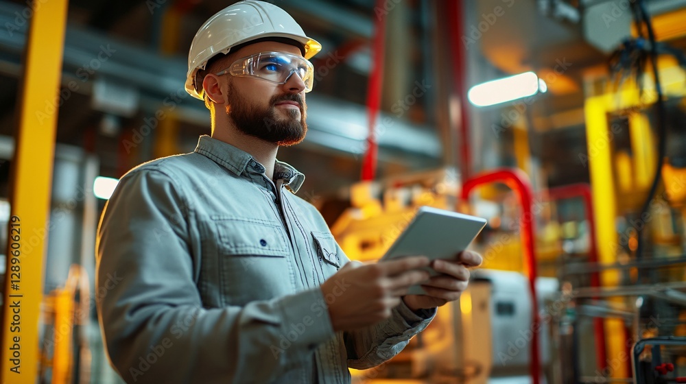 A factory worker holds a tablet while looking upward thoughtfully A factory worker holds a tablet while looking upward thoughtfully