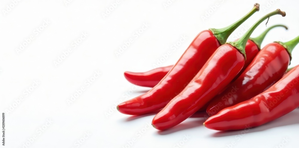 Glossy, bright red chili peppers against pure white , asian, detail Glossy, bright red chili peppers against pure white , asian, detail