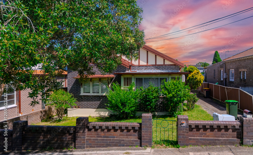 Drone Aerial View of an inner western Sydney Suburban residential Brick house in Sydney NSW Australia Drone Aerial View of an inner western Sydney Suburban residential Brick house in Sydney NSW Australia