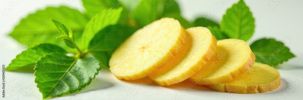Thinly sliced ginger and vibrant green leaves isolated , cooking, white background Thinly sliced ginger and vibrant green leaves isolated , cooking, white background