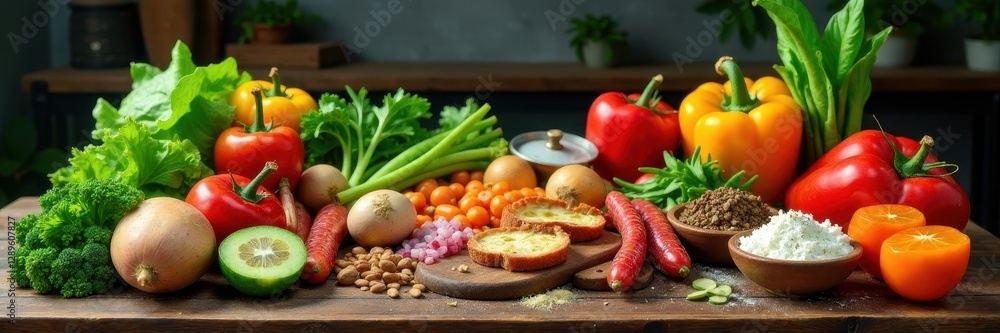 A table filled with various healthy ingredients, kitchen table, food styling A table filled with various healthy ingredients, kitchen table, food styling