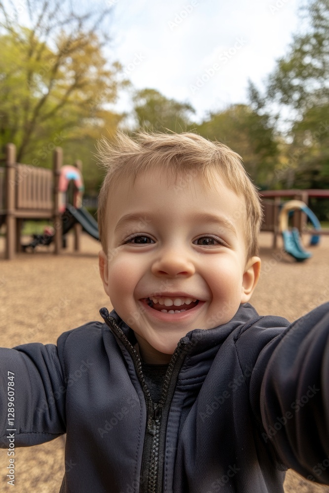 Happy child playing in playground in Spring Happy child playing in playground in Spring