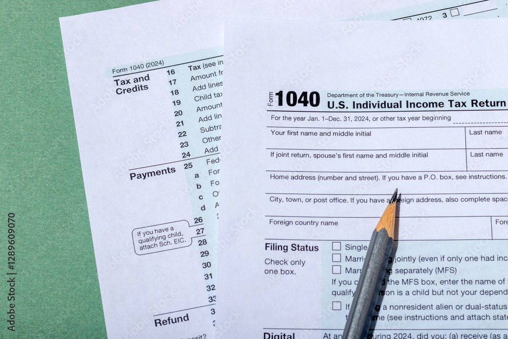 Obraz premium Close-up USA individual income tax return form 1040 on green background. Tax time concept