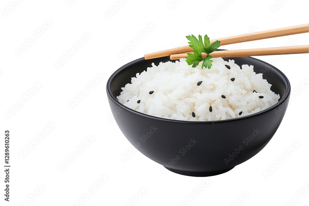 Delicious fluffy rice served in a black bowl with wooden chopsticks and a garnish of fresh cilantro against a clean white background highlighting the dish's simplicity and elegance Delicious fluffy rice served in a black bowl with wooden chopsticks and a garnish of fresh cilantro against a clean white background highlighting the dish's simplicity and elegance