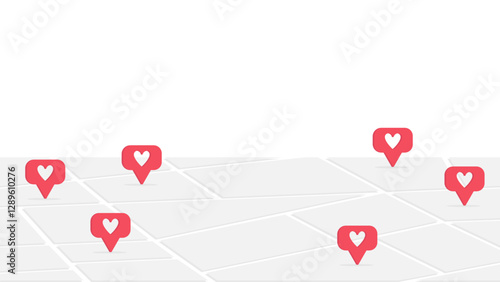 Red location pins with heart icons placed on a simplified gray map background, representing favorite places or social engagement