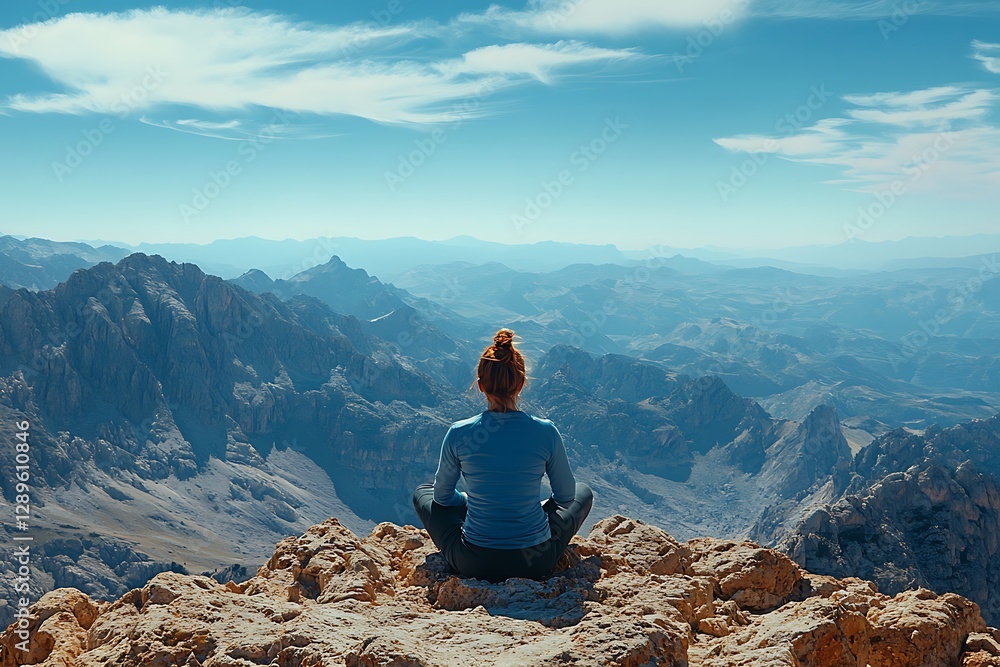 Naklejka premium A woman is sitting on a mountain overlooking the landscape