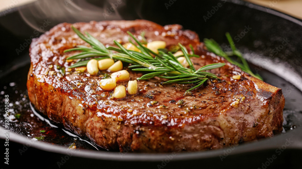 Sizzling butter-basted ribeye steak with rosemary on cast iron skillet for gourmet cooking Sizzling butter-basted ribeye steak with rosemary on cast iron skillet for gourmet cooking