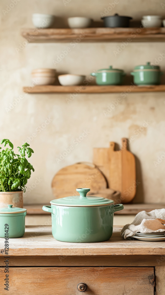 Traditional kitchen mood with cooking pots and rustic decor Traditional kitchen mood with cooking pots and rustic decor