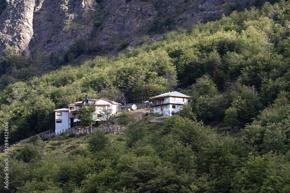 Houses built on a steep slope surrounded by forests Houses built on a steep slope surrounded by forests