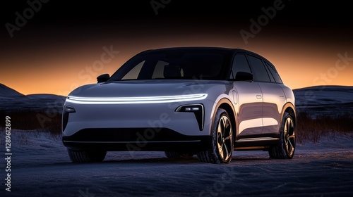 Futuristic electric SUV concept car with a sleek modern design, positioned against the breathtaking Icelandic landscape at dusk, symbolizing innovation, sustainability, and the future of mobility.
