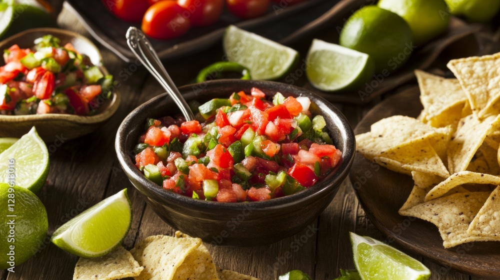 Fresh homemade salsa with tomatoes and lime served with tortilla chips Fresh homemade salsa with tomatoes and lime served with tortilla chips