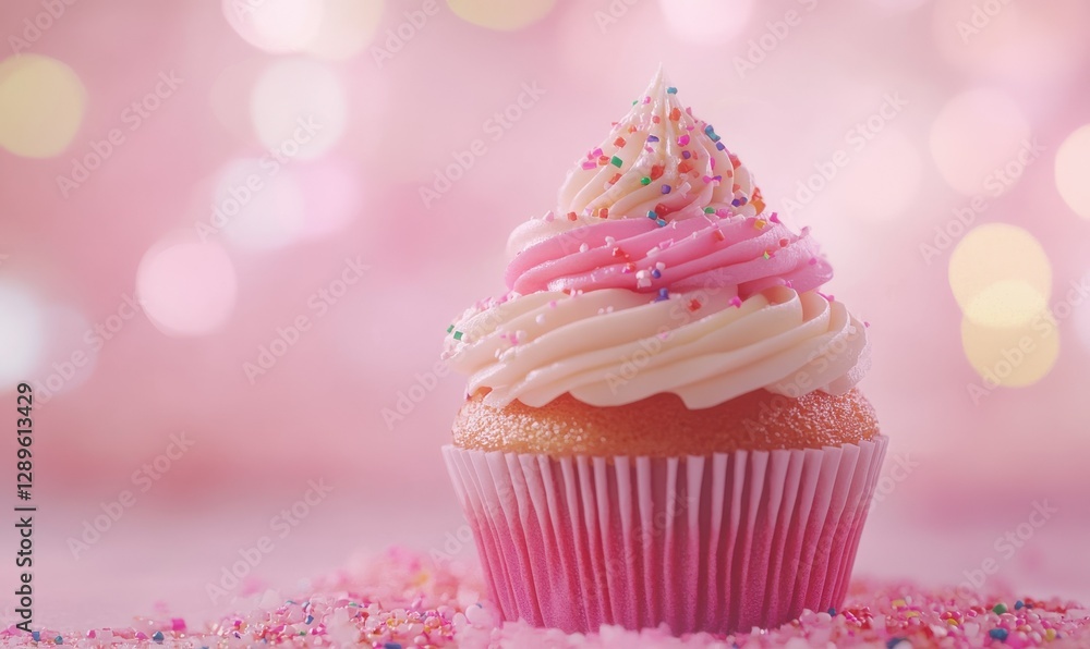 Delicious cupcake topped with vibrant frosting and sprinkles, glowing softly against a dreamy pink bokeh background Delicious cupcake topped with vibrant frosting and sprinkles, glowing softly against a dreamy pink bokeh background