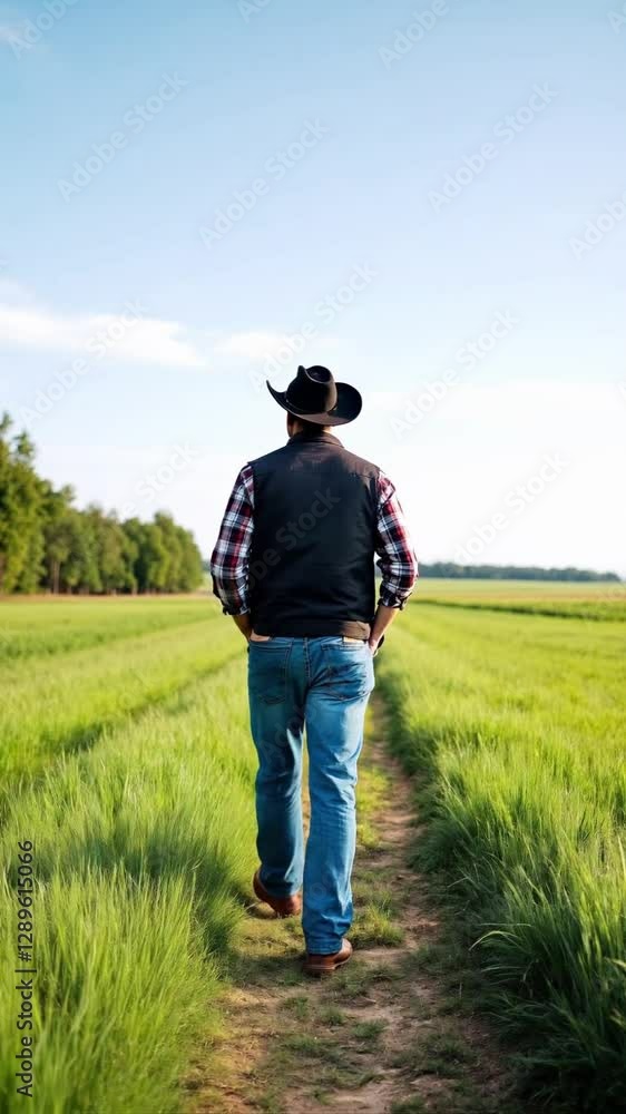 Cowboy Walking Through a Green Field Cowboy Walking Through a Green Field