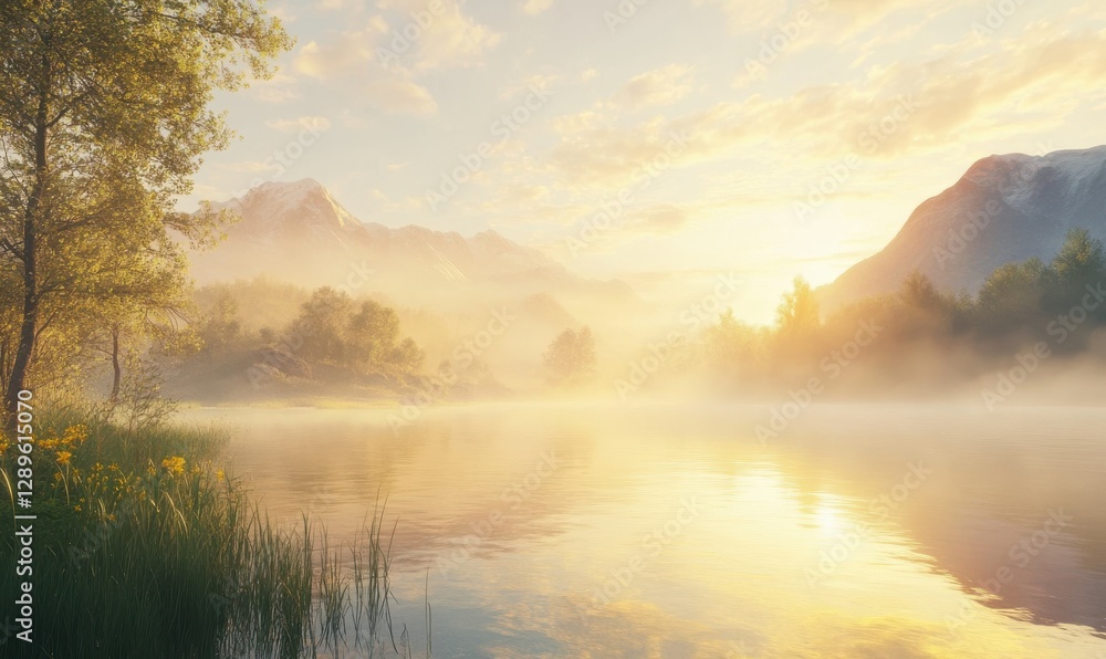 Obraz premium Golden sunrise over misty lake surrounded by tranquil mountains.