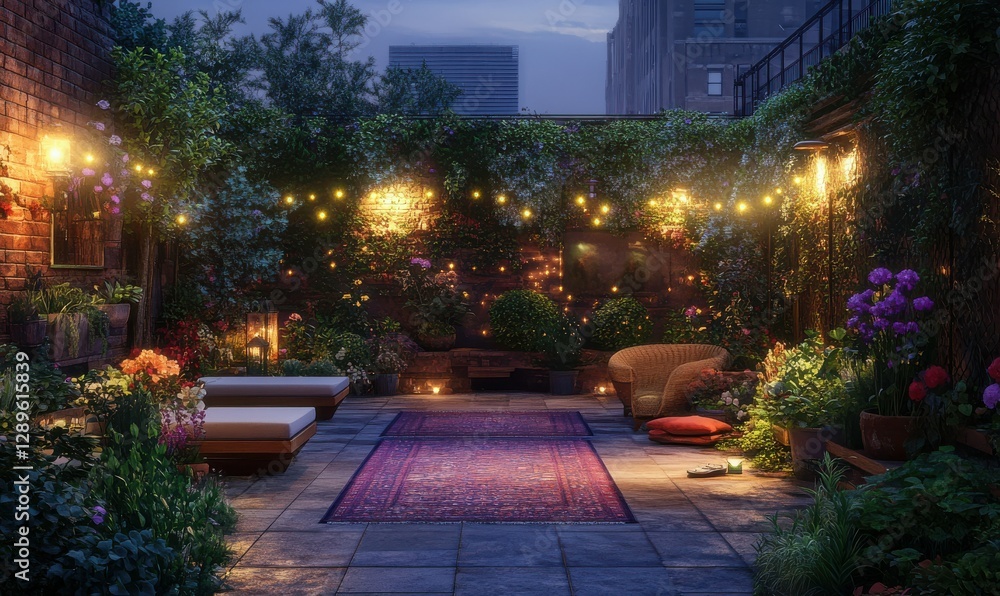 Fototapeta premium Peaceful rooftop garden with lush greenery, soft outdoor seating, and vibrant lighting creating a serene urban escape.