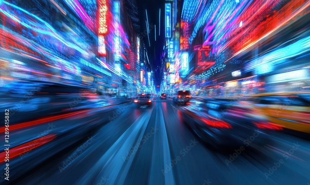 Dynamic urban street view with neon signs glowing brightly, blurred motion of cars and people creating energy, futuristic cityscape, Dynamic urban street view with neon signs glowing brightly, blurred motion of cars and people creating energy, futuristic cityscape,