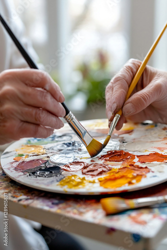 close-up of hands mixing acrylic paints on a palette during a painting workshop