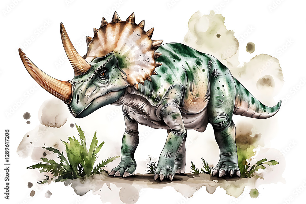 Fototapeta premium Watercolor illustration of a green and beige Triceratops dinosaur standing amongst vegetation against a white background with watercolor splatters.