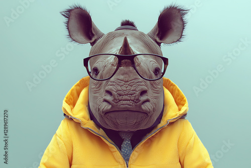 A rhinoceros wearing glasses a tie and a yellow jacket posing against a light blue background.