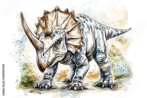 Watercolor style illustration of a horned frilled Triceratops dinosaur in a defensive pose on light terrain. photo