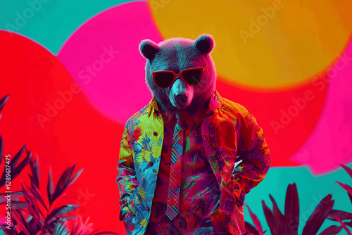 A bear head mannequin wears a colorful shirt and sunglasses against a bright abstract tropical background.