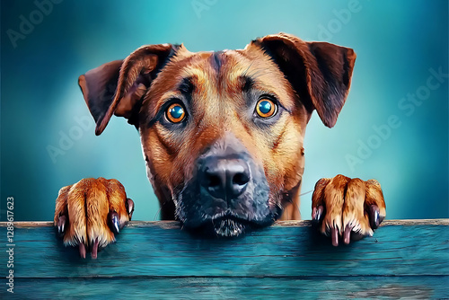A brown dog with amber eyes gazes over a teal wooden fence its paws resting on the top.