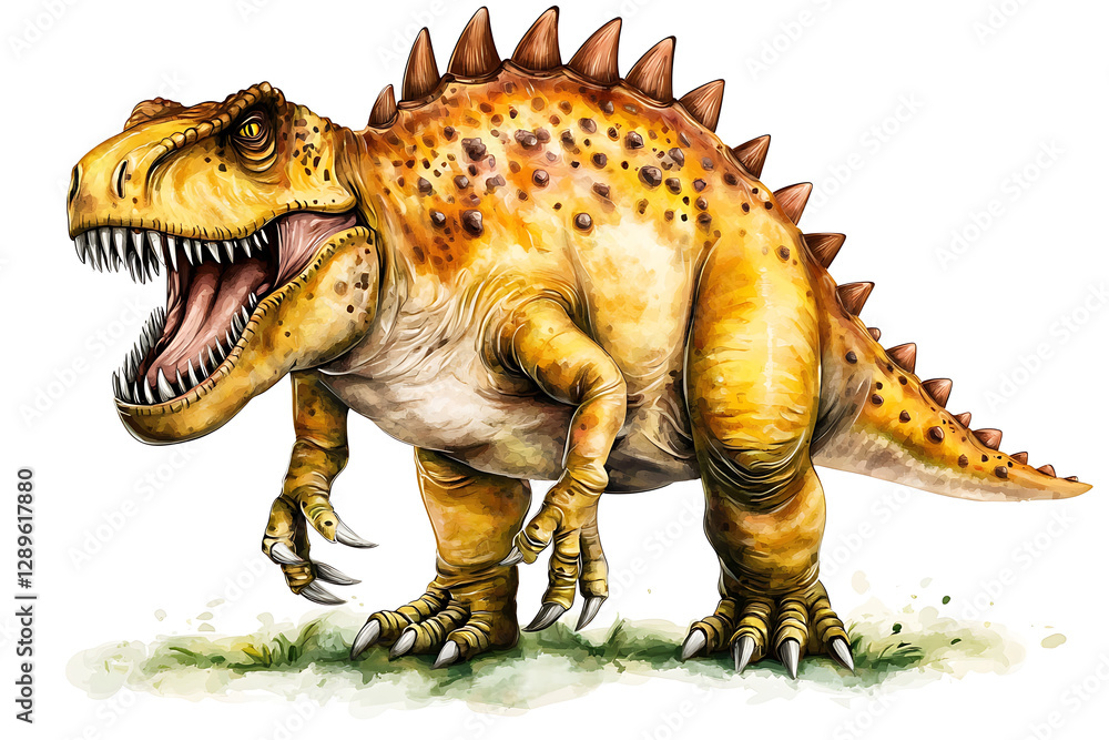 Fototapeta premium A yellow spiky dinosaur with a threatening posture sharp teeth and formidable claws stands on green-tinged ground.