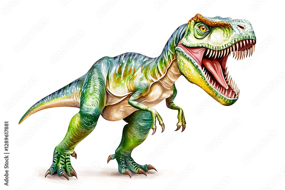 Fototapeta premium Colorful dinosaur illustration green and blue skin sharp teeth open mouth and powerful stance.