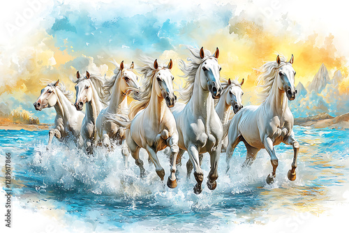 A painted scene shows a group of white horses gallop through turquoise waves under a warm sunny sky.