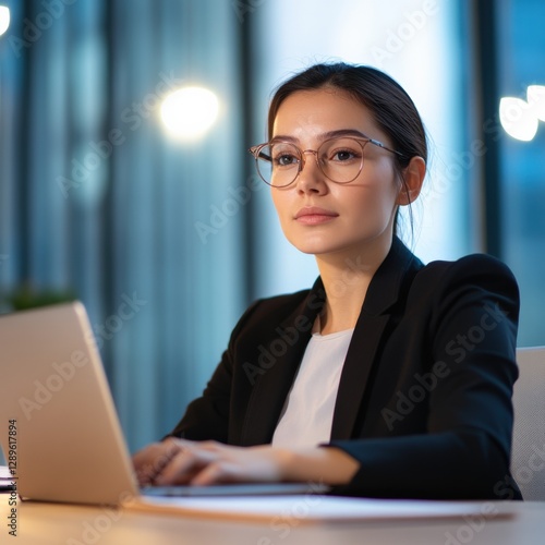 Businesswoman working on laptop in office.