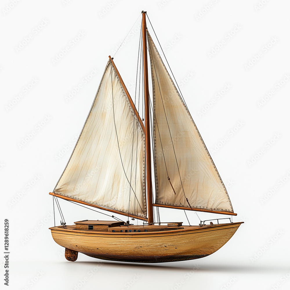 Obraz premium Old-Fashioned Toy Sailboat Children's Vintage Toy Isolated on White Background