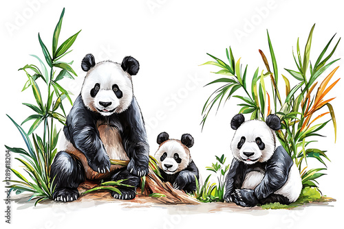 Watercolor style illustration of a panda family resting amongst bamboo stalks.