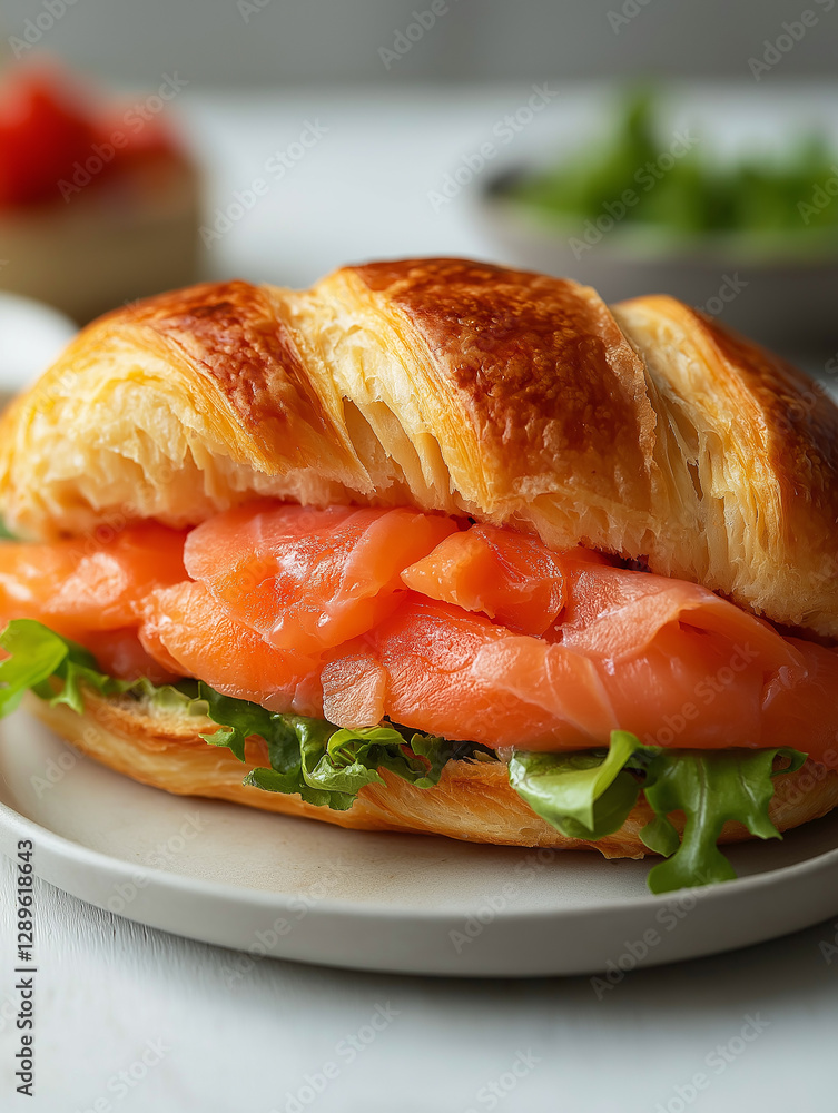 Enjoy a fresh salmon croissant sandwich for a delicious breakfast or lunch meal Enjoy a fresh salmon croissant sandwich for a delicious breakfast or lunch meal