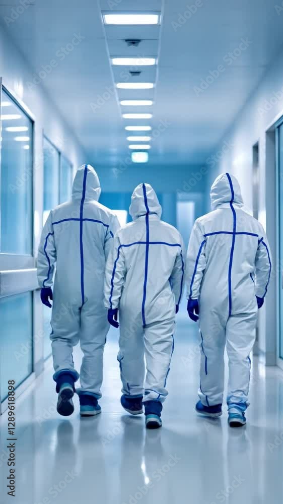 Healthcare Workers in Protective Gear in Hospital Corridor Healthcare Workers in Protective Gear in Hospital Corridor