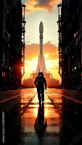 Astronaut Walking Towards Rocket at Sunrise Launchpad