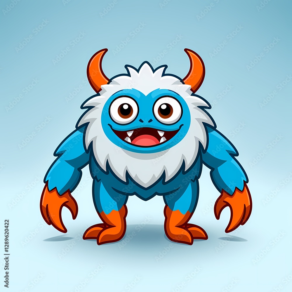 A friendly round blue creature with orange hands and feet, two small horns, waving on pale blue / Una criatura azul redonda con manos y pies naranjas, dos pequeños cuernos A friendly round blue creature with orange hands and feet, two small horns, waving on pale blue / Una criatura azul redonda con manos y pies naranjas, dos pequeños cuernos