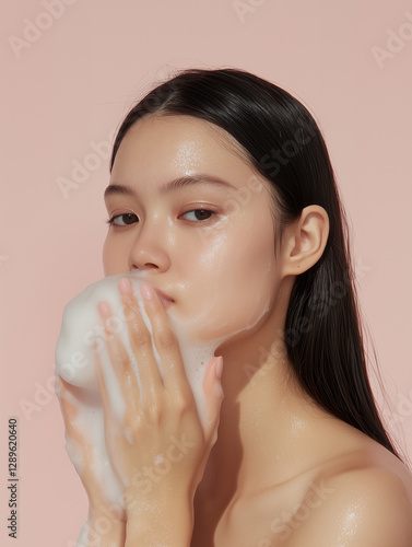 Women washing her face beauty photo. Beauty ritual,cleansing, skincare, mockup
