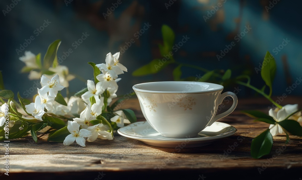 Elegant white porcelain teacup placed on a rustic wooden table, with fresh jasmine flowers and soft sunlight creating a tranquil and charming setting Elegant white porcelain teacup placed on a rustic wooden table, with fresh jasmine flowers and soft sunlight creating a tranquil and charming setting