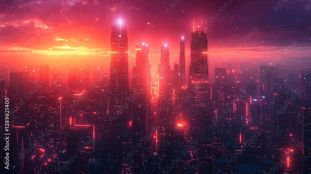 Fototapeta premium Cyberpunk Cityscape Sunset Neon Lights Futuristic Architecture