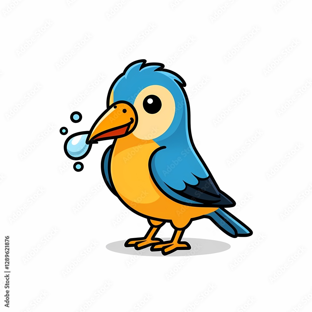 Obraz premium A cute cartoon blue-and-yellow bird blowing bubbles from its beak