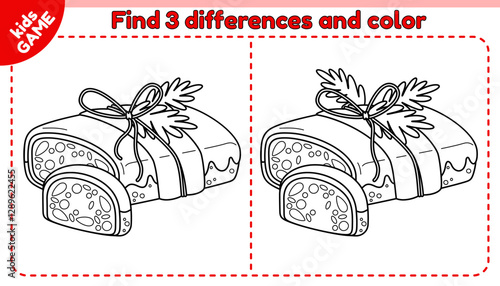 Kids educational game Find the 3 differences. Cartoon German Christmas cake stollen. Traditional Xmas baking. Spot different details and color it. Holiday activities page for children. Vector outline.
