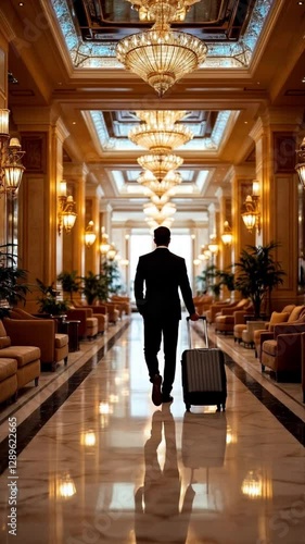 Businessman Walking Through Luxurious Hotel Lobby with Suitcase