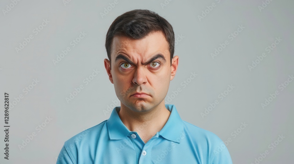 A man aged around 30 displays a clear expression of dissatisfaction while wearing a wrinkled blue polo shirt A man aged around 30 displays a clear expression of dissatisfaction while wearing a wrinkled blue polo shirt