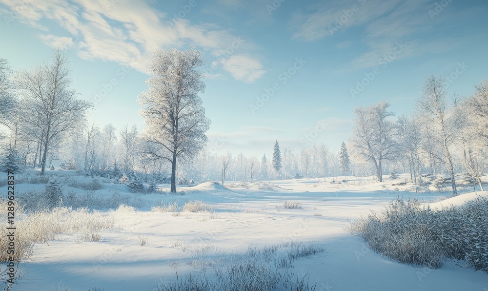 Expansive winter landscape with snow-covered trees and a serene pale blue sky, illuminated by soft sunlight to create a tranquil scene, Expansive winter landscape with snow-covered trees and a serene pale blue sky, illuminated by soft sunlight to create a tranquil scene,